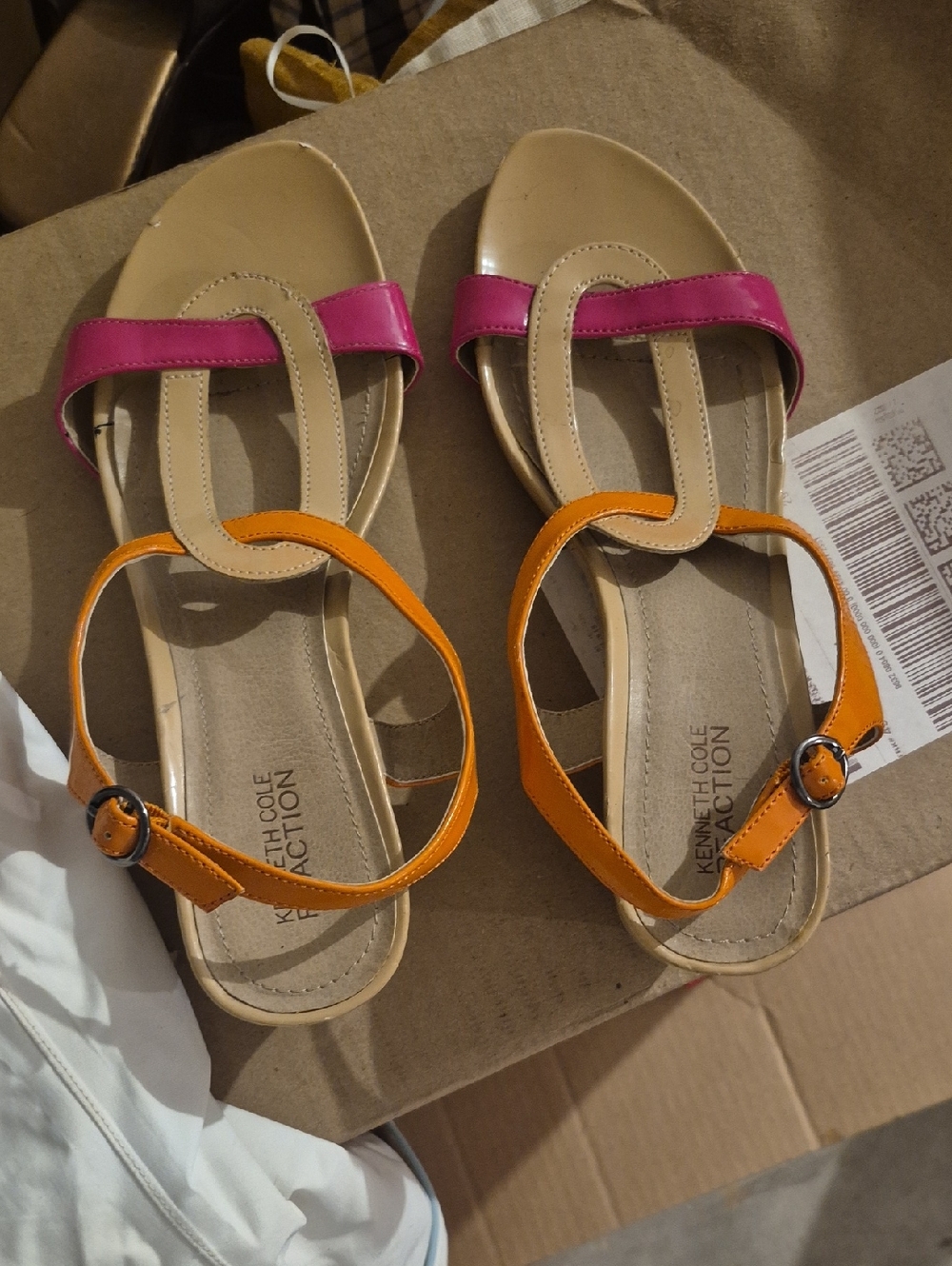 Kenneth Cole Reaction Pink and Orange Leather T-Strap Sandals - Picture 1 of 4